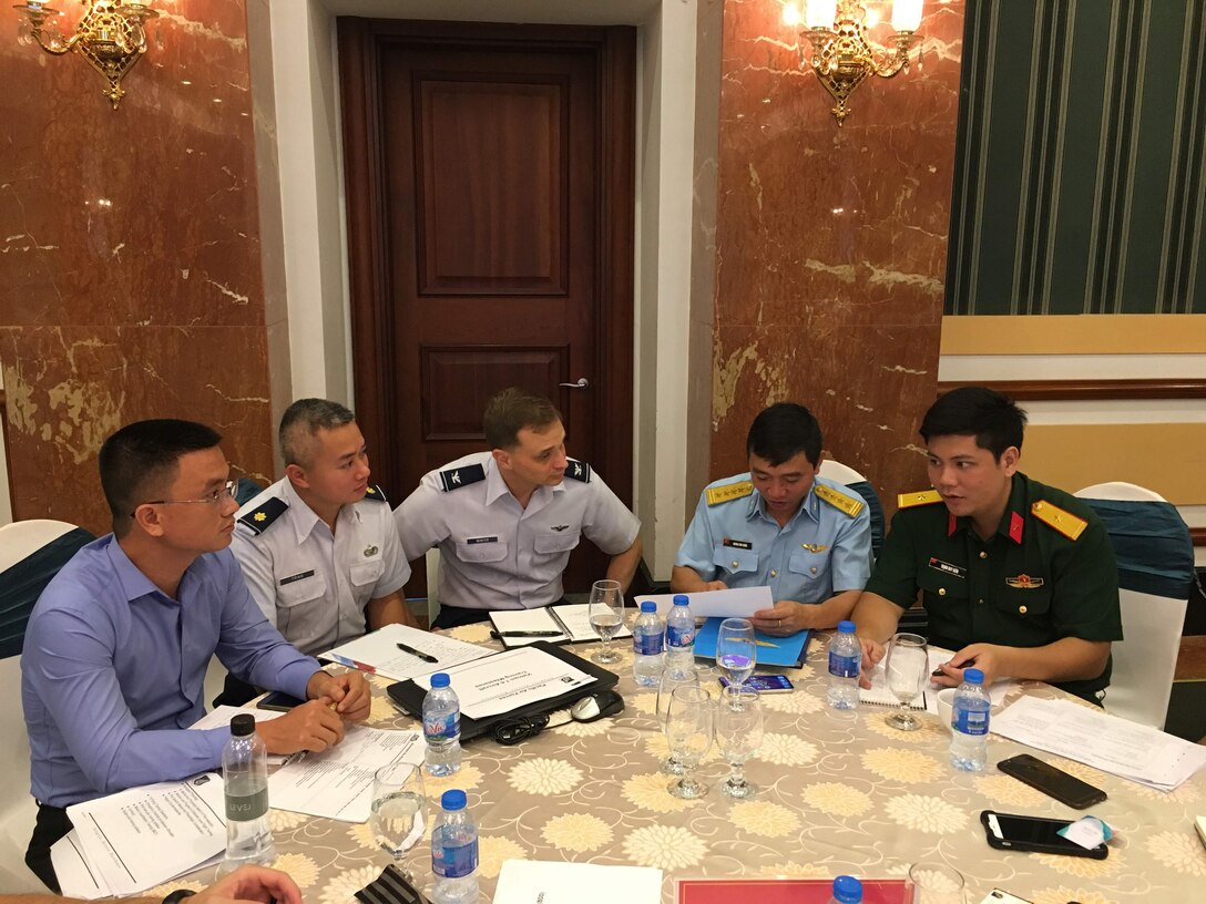 Pacific Air Forces and the Vietnamese Air Defense-air force Airmen discuss cooperation during PACAF-ADAF Airman-to-Airman Talks in Hanoi, Vietnam, Sept. 25-27, 2019. This year’s event marked the ninth iteration of the A2AT with the Vietnamese ADAF, which was combined with the Bilateral Defense Dialogues, co-chaired by Maj. Gen. Stephen Sklenka, U.S. Indo-Pacific Command’s strategic planning and policy director, and Lt. Gen. Vu Chien Thang, Department of Foreign Relations director general. (Courtesy Photo)