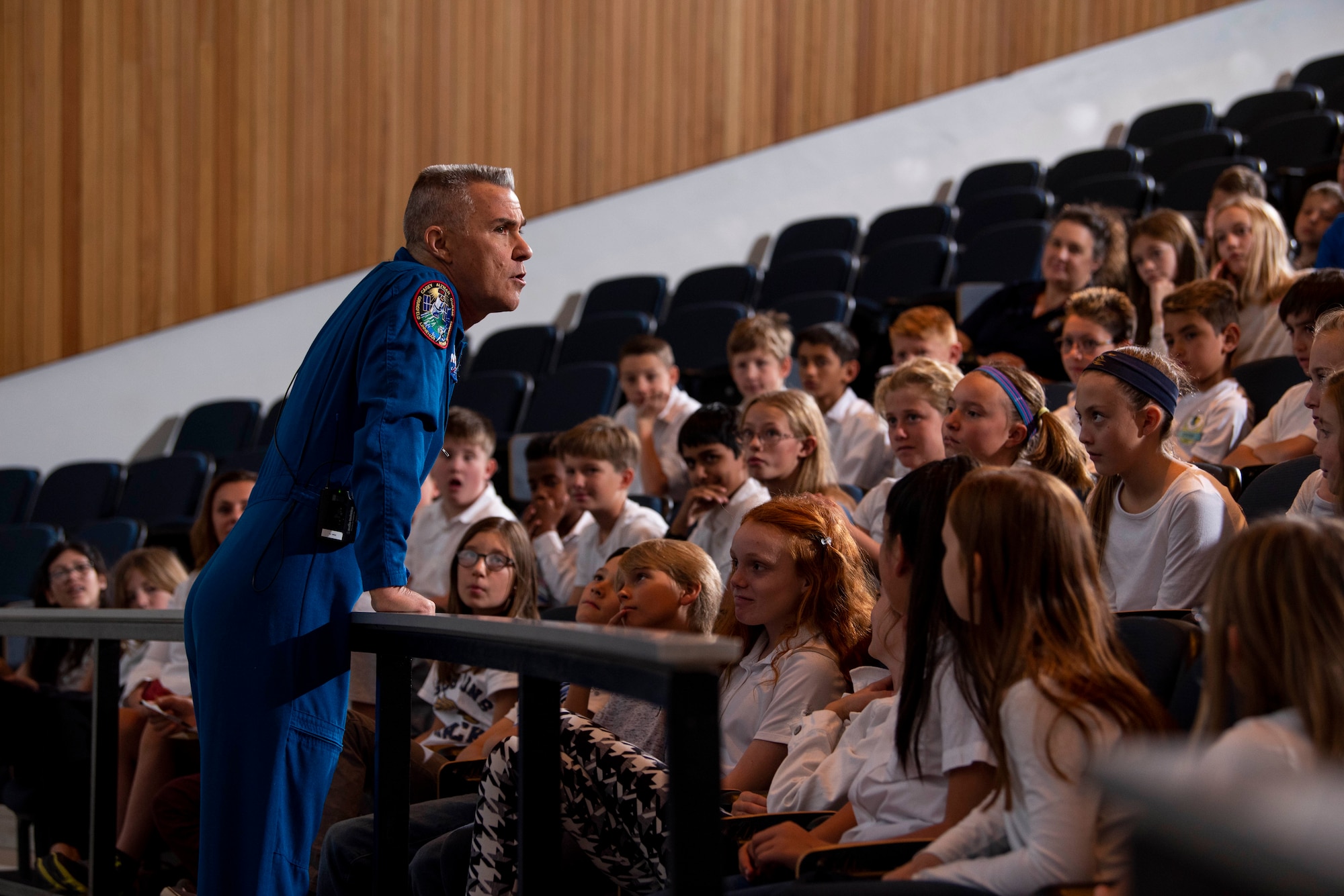 U.S. AIR FORCE ACADEMY, Colo. --  Lt. Col. (ret.) Duane Carey speaks to nearly 300 local school students about his time in space and the journey to get there.  (U.S. Air Force photo/Joshua Armstrong)