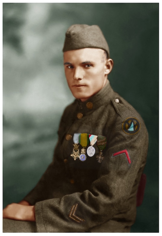 A World War I soldier in uniform wears several medals, including the Medal of Honor.