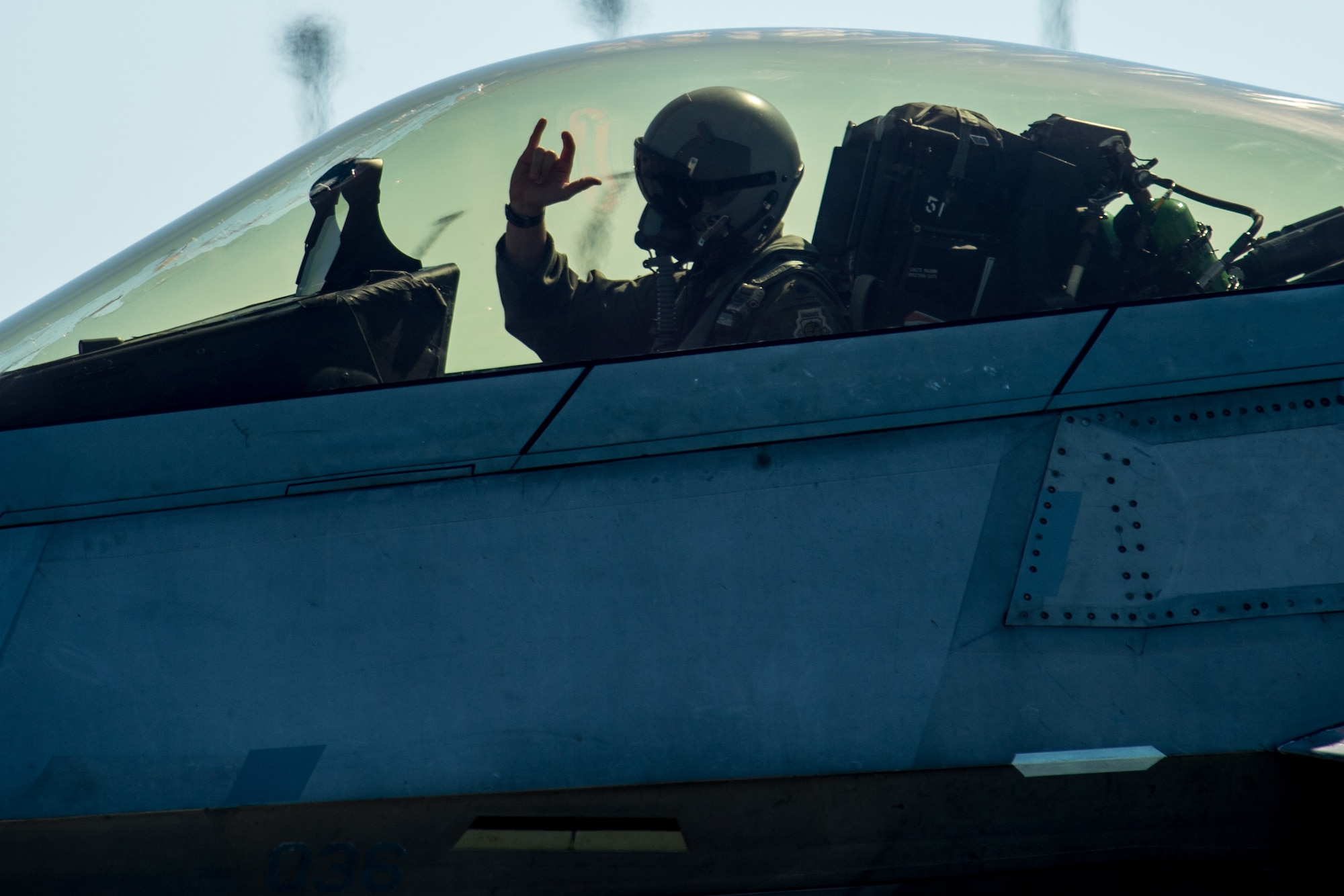 U.S. Air Force F-22 Raptors flown by the 94th and 149th Fighter Squadron pilots take off Oct. 30, 2018 from Tyndall  Air Force Base, Florida. After Hurricane Michael swept the area, multiple major commands have mobilized relief assets in an effort to restore operations after the hurricane caused catastrophic damage to the base. (US Air Force photo by Senior Airman Sean Carnes)