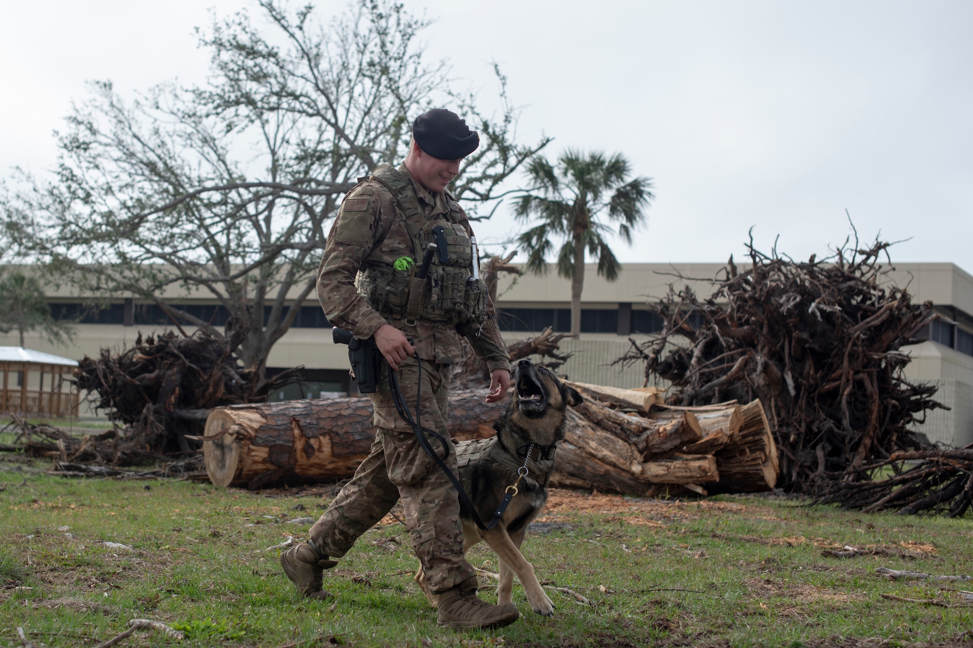 U.S. Air Force Staff Sgt. Matthew Gluvas, 99th Security Forces Squadron, Nellis Air Force Base, Nev., military working dog handler, walk with Alfi, 99th SFS military working dog, before going on patrol at Tyndall Air Force Base, Fla., Feb. 21, 2019. Gluvas has been on temporary duty at Tyndall since Oct. 31 assisting with the aftermath of Hurricane Michael. (U.S. Air Force photo by Senior Airman Javier Alvarez)