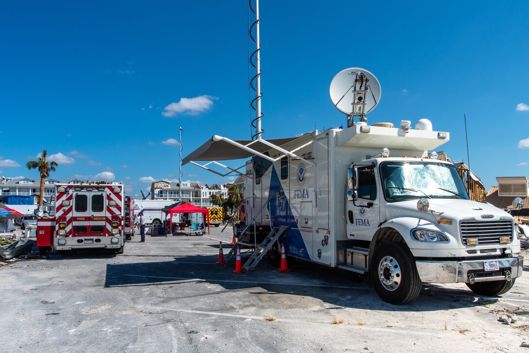 A FEMA Mobile Emergency Response Support Vehicle set up just days after Hurricane Michael made landfall on the Florida Panhandle.