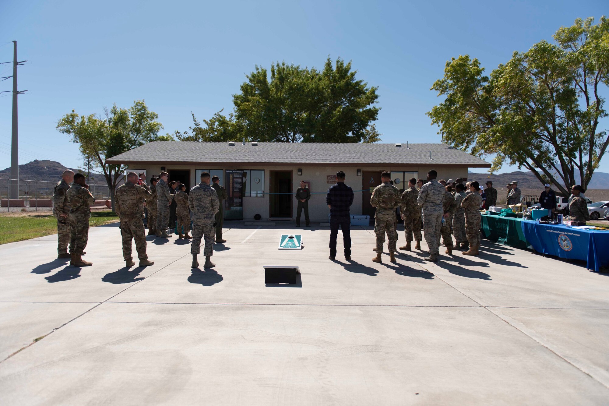 Col. James Price, 432nd Wing/432nd vice commander Air Expeditionary Wing, discussed the importance of taking care of our people at the new Sexual Assault Prevention and Response Office opening at Creech Air Force Base, Nevada, Sept. 30, 2019. During the grand opening, Creech personnel ate barbeque provided by the USO, learned about the resources offered by the SAPR Office and toured the new facility. (U.S. Air Force photo by Senior Airman Lauren Silverthorne)
