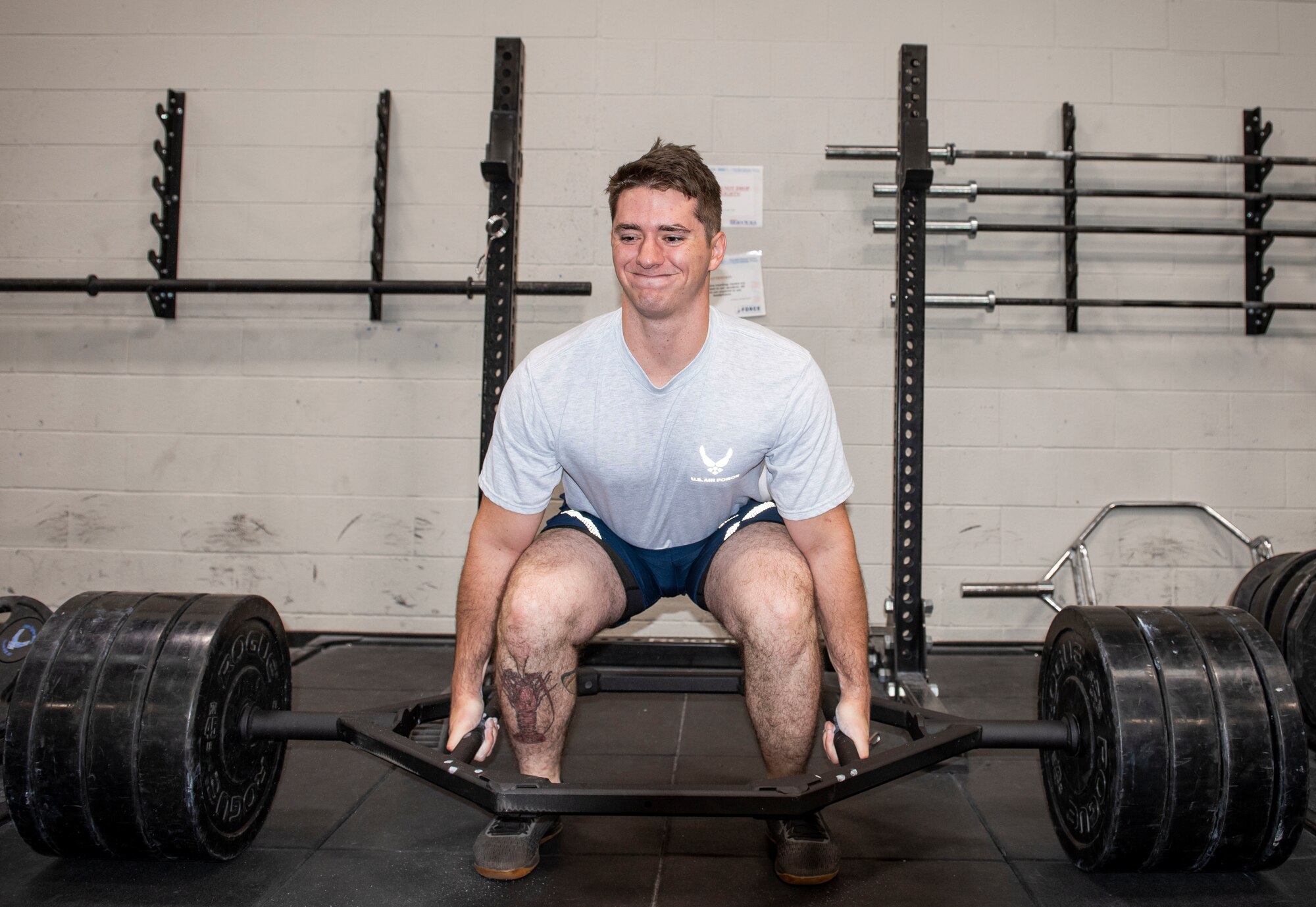 U.S. Air Force Senior Airman Zachery Stringer, 20th Civil Engineer Squadron, Explosive Ordnance Disposal (EOD) flight technician, performs a trap bar deadlift during the EOD Tier 2 fitness practice test, at Shaw Air Force Base, South Carolina, Oct.4, 2019.