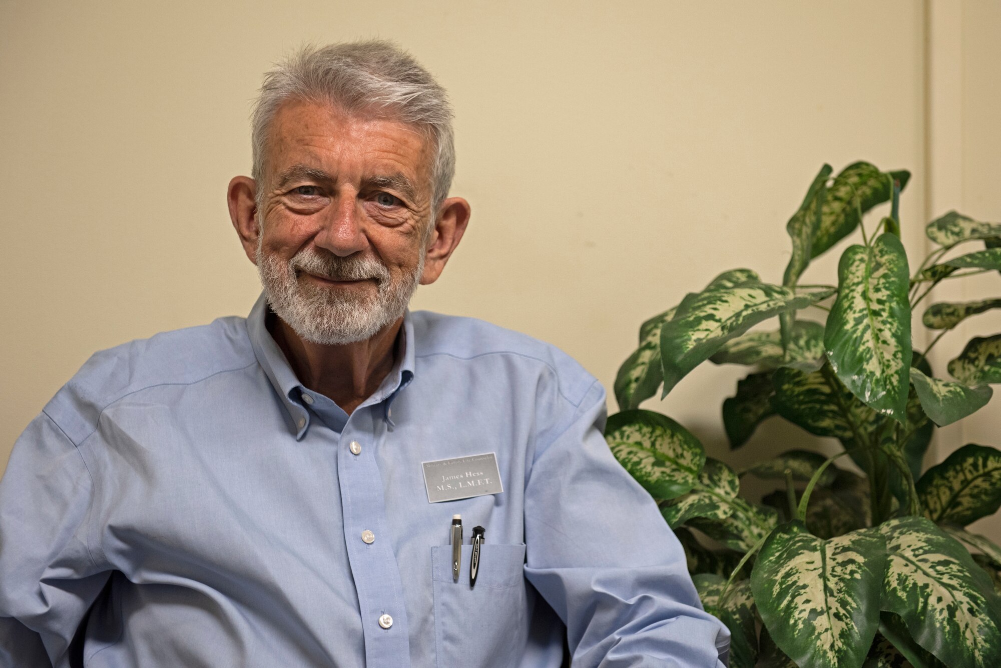 Jim Hess, Military Family Life Counselor, has been a licensed marriage and family therapist for more than 20 years and maintains a license in Tennessee. He arrived at Kunsan Air Base, Republic of Korea, in August 2019, with his licensed service and therapy dog, Bear. Kunsan is Hess’s fourth assignment as a MFLC, working with military service members and their families for two years. (U.S. Air Force photo by Staff Sgt. Mackenzie Mendez)