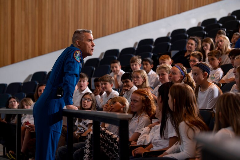 U.S. AIR FORCE ACADEMY, Colo. --  Lt. Col. (ret.) Duane Carey speaks to nearly 300 local school students about his time in space and the journey to get there.  (U.S. Air Force photo/Joshua Armstrong)