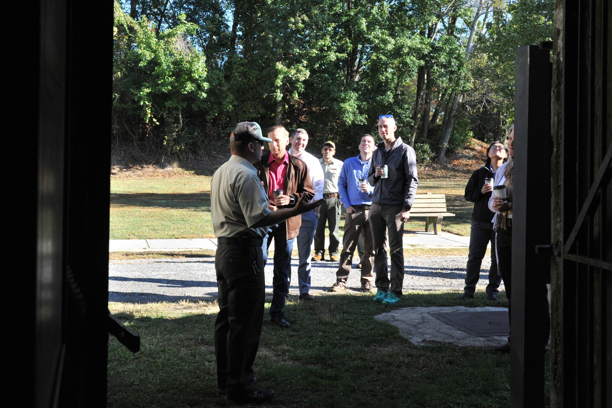 Eleven senior leaders with the 87th Air Base Wing at Joint Base McGuire-Dix-Lakehurst, tour Fort Mott State Park in Pennsville, New Jersey Oct. 4, 2019. The visit to the 19th century defense fortification was coordinated by the wing’s historian, James Warrick. Warrick said the tour provided the leaders with a military-heritage themed professional development opportunity. Construction on Fort Mott, then known as the Battery at Finn’s Point, began in 1872. Original plans called for eleven gun emplacements for twenty cannons and a mortar battery with six emplacements. Fort Mott would help protect industrial centers further up the river as part of a three-fort coastal defense system. Troops were regularly stationed at the fort from 1897 to 1922. A caretaking detachment served at the fort from 1922 to 1943. In 1947, New Jersey acquired Fort Mott as a historic site and state park, which opened to the public in 1951. (U.S. Air Force photos by Shawn J. Jones)