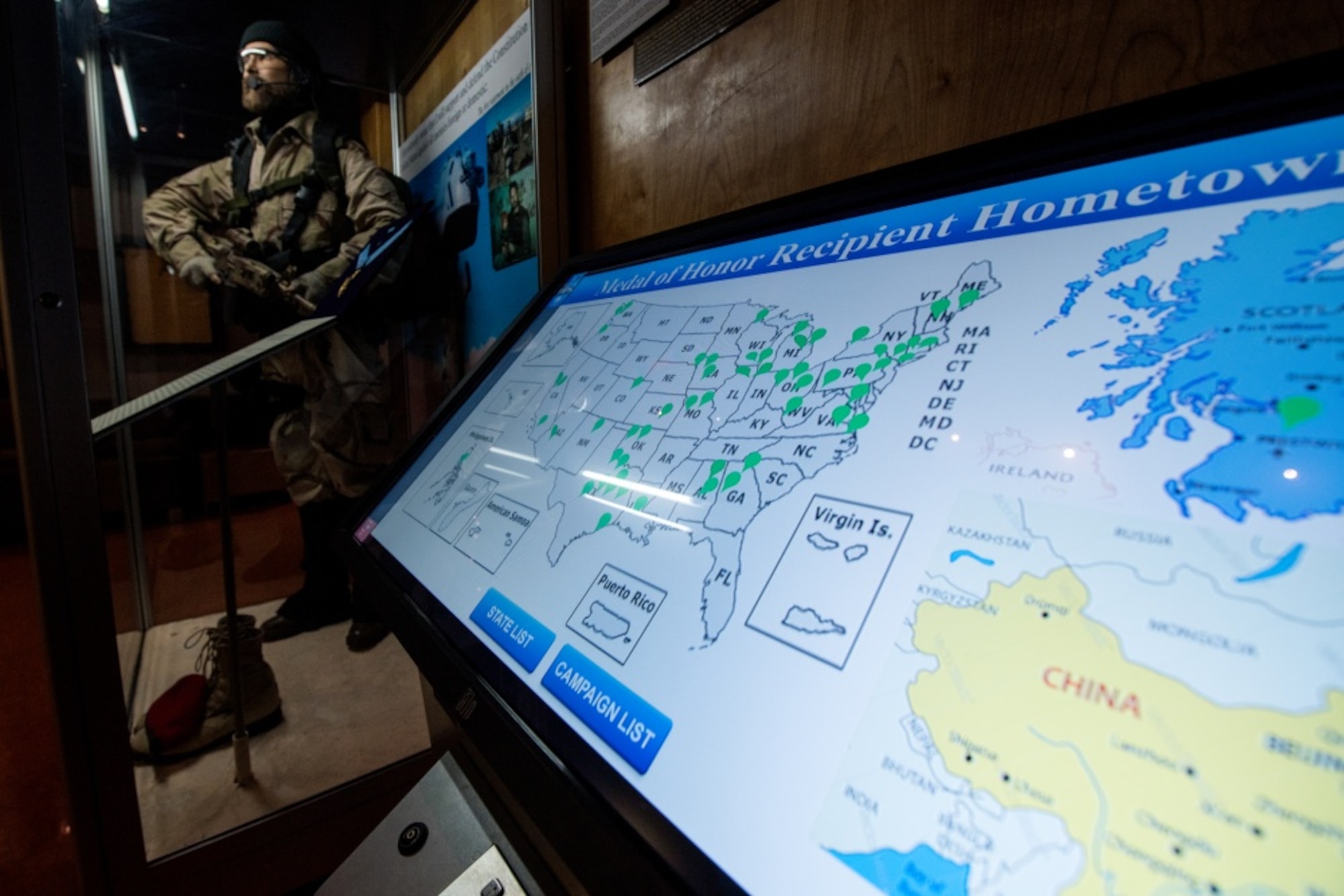 The Medal of Honor exhibit in the Airman Heritage Museum on Oct. 8, 2019, at Joint Base San Antonio-Lackland, Texas. The exhibit is an interactive touchscreen display that showcases the hometown, citation and photograph of 61 air component Medal of Honor recipients. (U.S. Air Force photo by Sarayuth Pinthong)