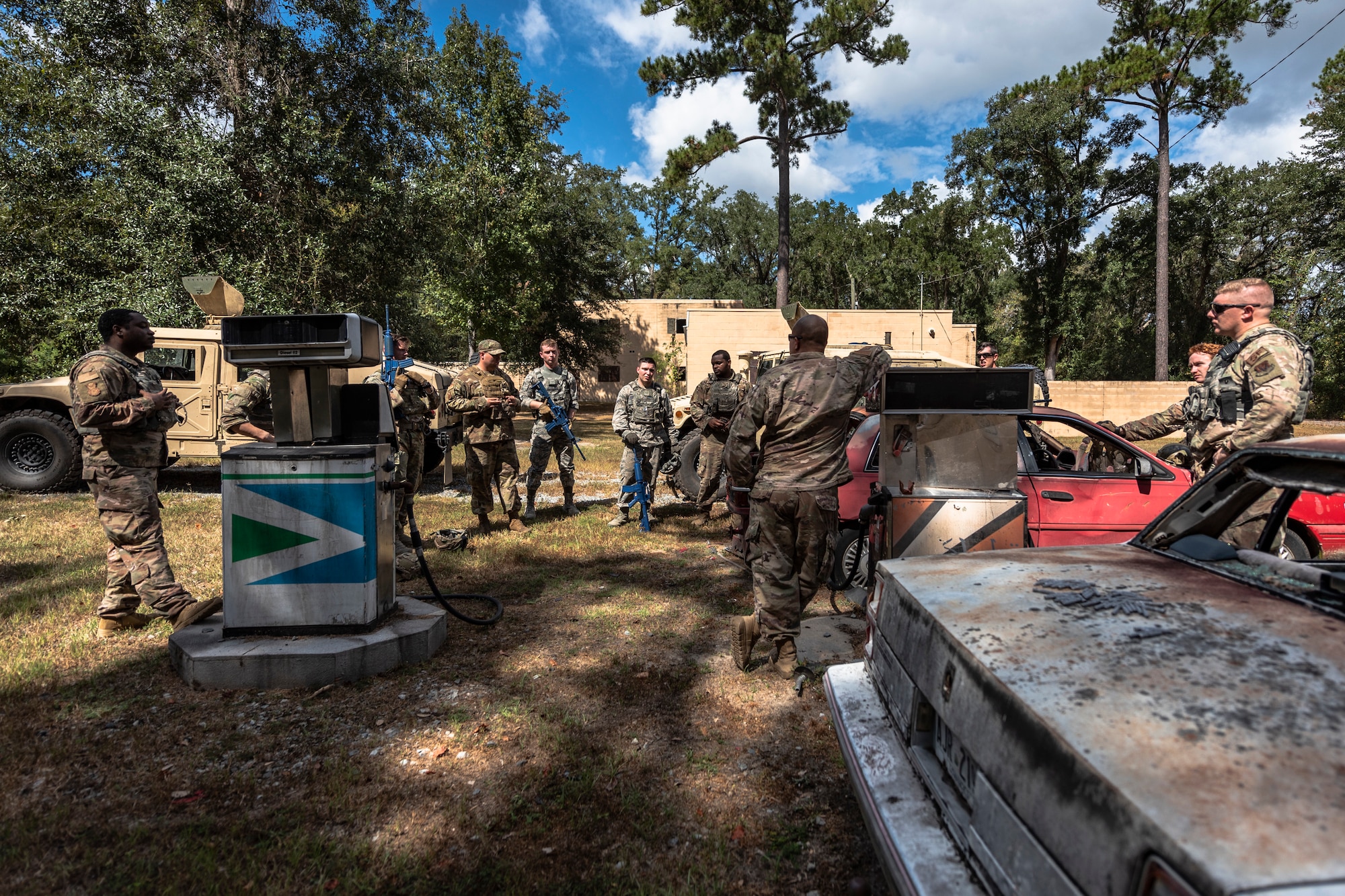Airmen with the 23d Security Forces Squadron (SFS) conduct a debrief after a field convoy operation Oct. 8, 2019, at Moody Air Force Base, Ga. The field convoy operation gave 23d SFS Airmen an opportunity to improve the ability to shoot, move and communicate, ensuring the Airmen are properly trained and prepared to carry out their mission in a contested environment. (U.S. Air Force photo by Airman 1st Class Taryn Butler)