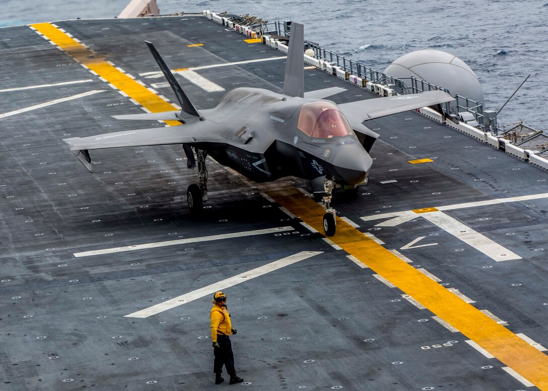 A U.S. Marine Corps F-35B Lightning II with Marine Fighter Attack Squadron (VMFA) 122, Marine Aircraft Group (MAG) 13, 3rd Marine Aircraft Wing (MAW), prepares to depart the amphibious assault ship USS America (LHA 6) during routine training in the Eastern Pacific, Sept. 28, 2019. 3rd MAW is capable of conducting missions across the range of military operations and continues to promote the defense of our nation and its interests. (U.S. Marine Corps photo by Lance Cpl. Juan Anaya)