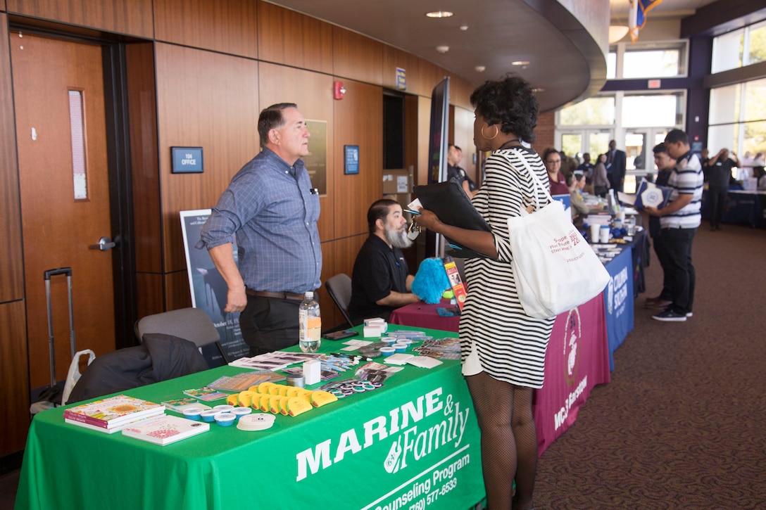 Jim Maher, director behavioral health department, Marine Corps Logistics Base Barstow, California, discusses services offered for base personnel by his office and what skill sets they look for in future employees, at the Career and Education Expo held at Barstow Community College, Oct. 3.