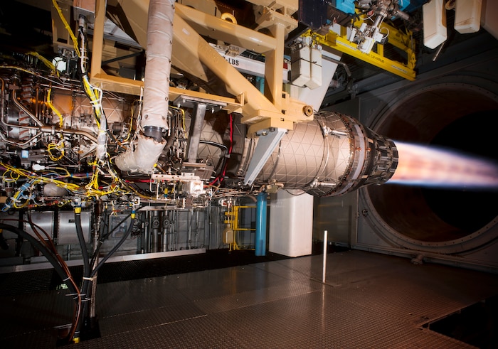 A Pratt & Whitney F100 engine undergoes Accelerated Mission Testing in the AEDC Sea Level Test Cell 3. Resources needed for testing, such as AMT, are loaded into the Integrated Scheduling System, now in use at Arnold Air Force Base, to predict and manage project performance through appropriate integration, de-confliction and optimization, allowing AEDC to meet its strategic, operational and tactical priorities. (U.S. Air Force photo)