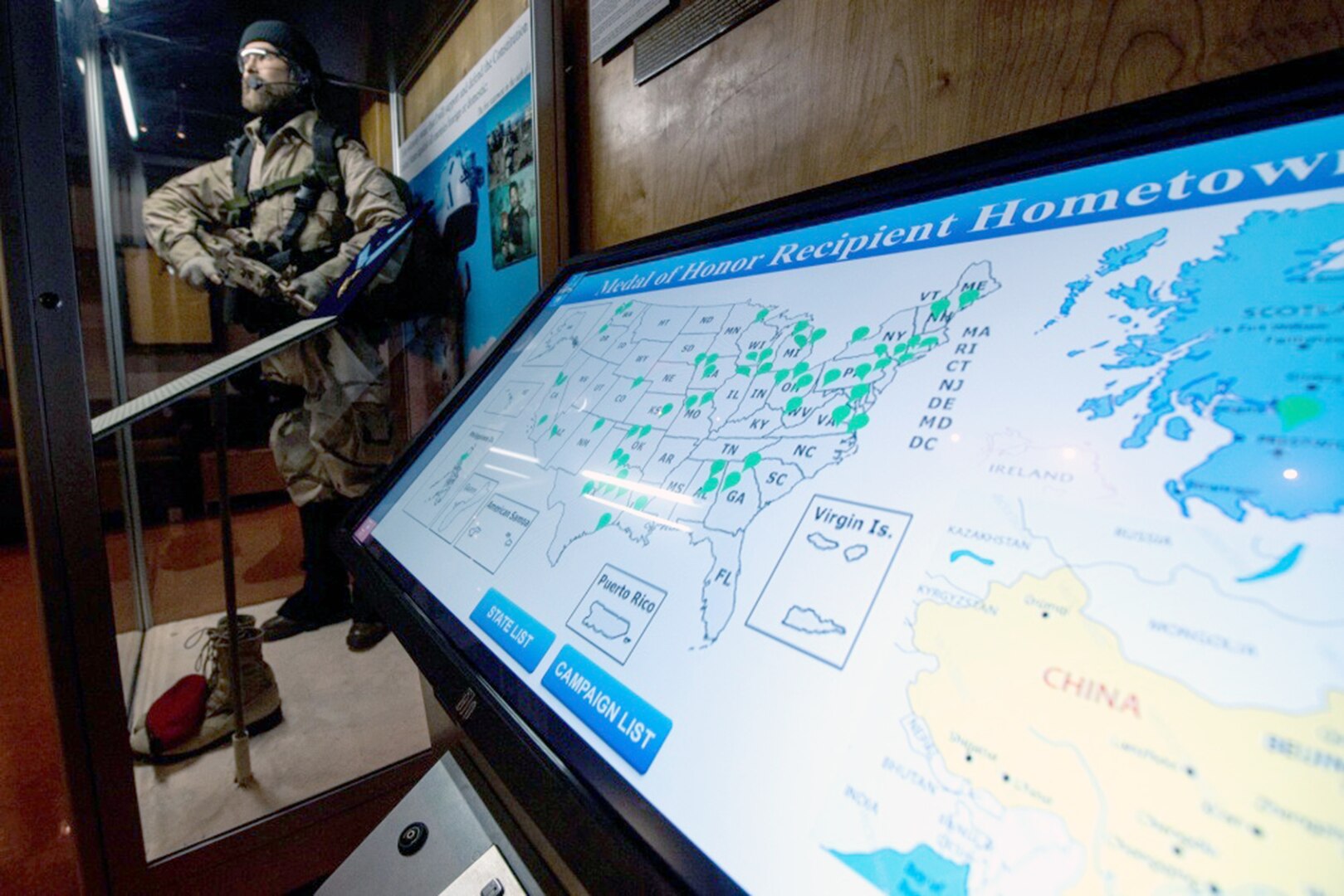 The Medal of Honor exhibit in the Airman Heritage Museum at Joint Base San Antonio-Lackland. The exhibit is an interactive touchscreen display that showcases the hometown, citation and photograph of 61 air component Medal of Honor recipients.