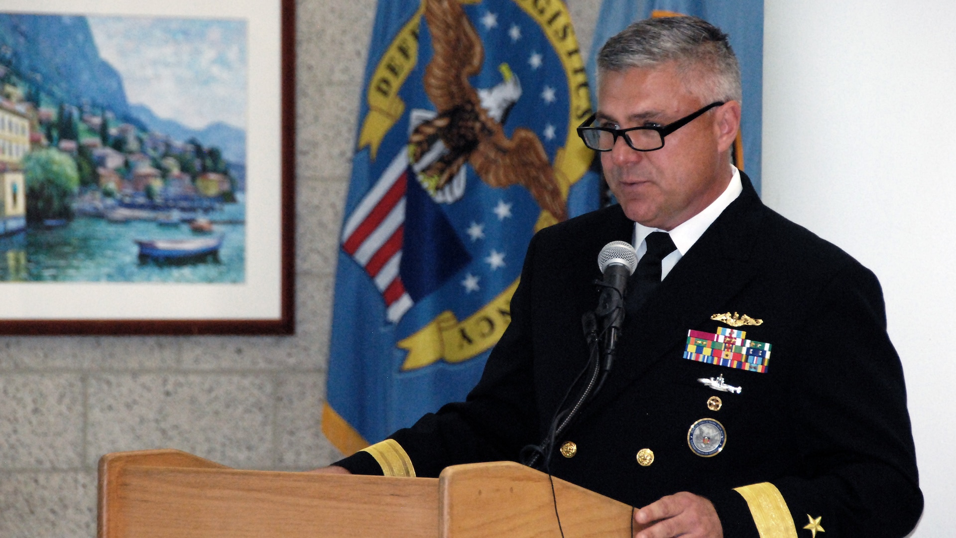 Navy Rear Adm. John Spencer, director of the Defense Threat Reduction Agency’s Nuclear Enterprise Directorate, describes sailors’ victory during a three-day battle in Leyte Gulf in World War II during a Navy birthday celebration at the McNamara Headquarters Complex Oct. 10. Photo by Beth Reece
