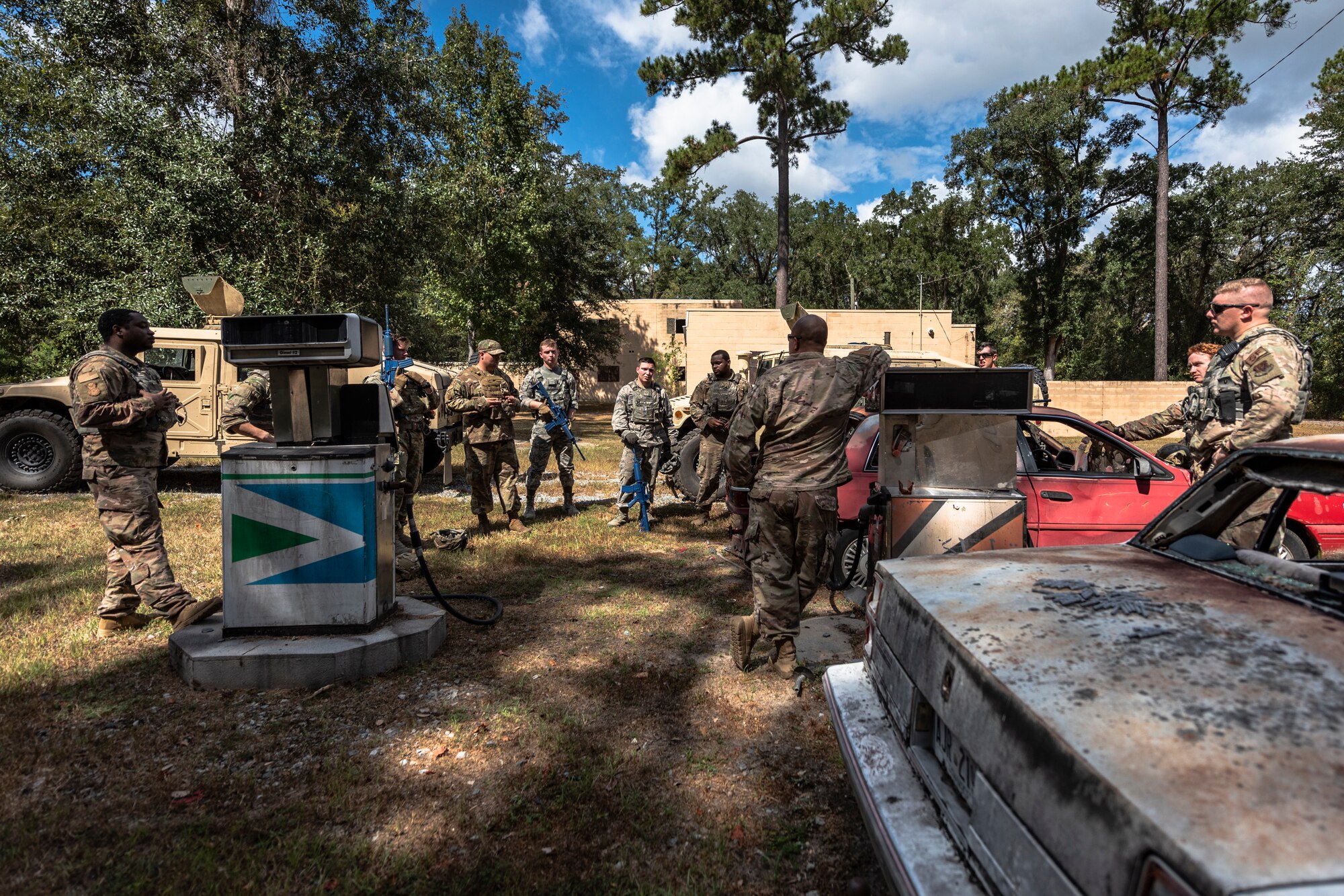 Airmen with the 23d Security Forces Squadron (SFS) conduct a debrief after a field convoy operation Oct. 8, 2019, at Moody Air Force Base, Ga. The field convoy operation gave 23d SFS Airmen an opportunity to improve the ability to shoot, move and communicate, ensuring the Airmen are properly trained and prepared to carry out their mission in a contested environment. (U.S. Air Force photo by Airman 1st Class Taryn Butler)