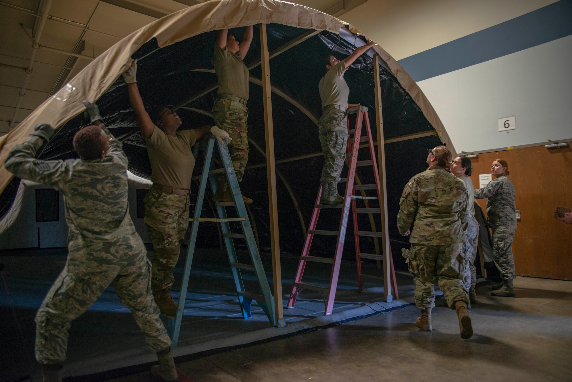 913th Force Support Squadron practices tent build operations at Little Rock Air Force Base, Ark, October 6, 2019. The ability to properly prepare and build a tent is essential for deployment or humanitarian environments. FSS provides the Air Force a range of services, from quality of life programs to combat support operations. (U.S. Air Force Reserve photo by Senior Airman Chase Cannon)