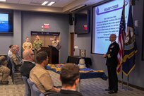 Joint Task Force Civil Support Command Surgeon U.S. Navy Capt. Bryan Schumacher addresses the command during the 244th Navy birthday celebration. The theme of this year’s celebration, “No Higher Honor,” originates from a quote by Lt. Cmdr. Robert Copeland, commanding officer of the World War II destroyer USS Samuel B. Roberts (DDE-413). (Official DoD photo by Mass Communication Specialist 3rd Class Michael Redd/RELEASED)