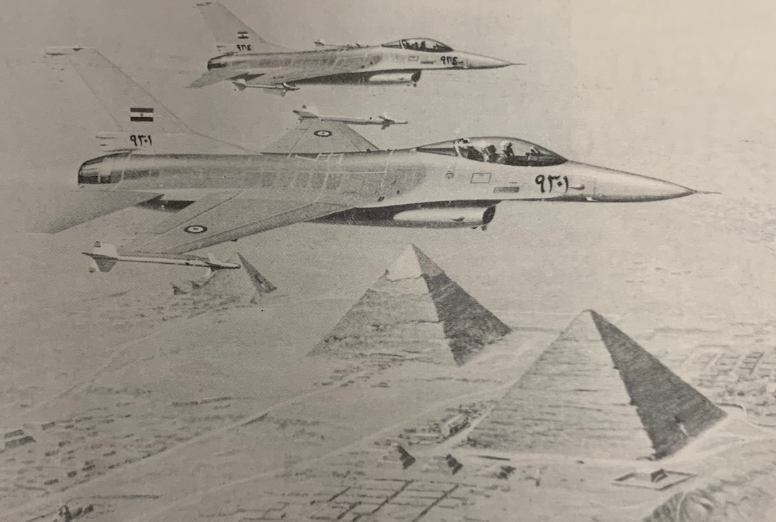The Egyptian government has purchased F-16s through Peace Vector program during the past two decades. This photo, from the Middle East District's Mt. Weather Bulletin in October 1982, during the District's involvement with Peace Vector II.