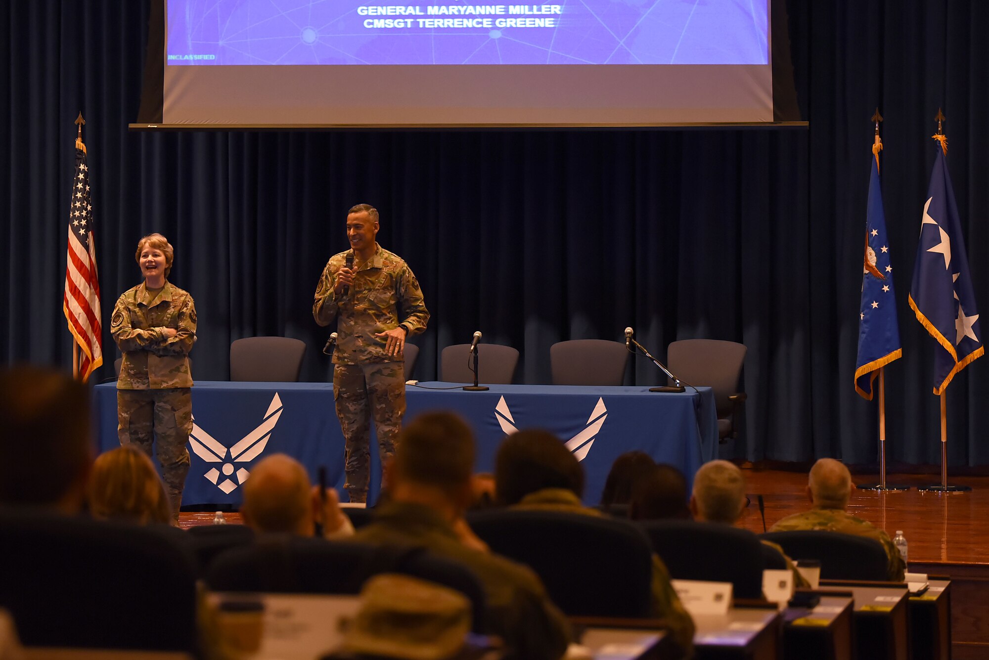 U.S. Air Force General Maryanne Miller, commander of Air Mobility Command (AMC), welcomes 2019 Fall Phoenix Rally attendees Oct. 8, 2019, in the U.S. Air Force Expeditionary Center at Joint Base McGuire-Dix-Lakehurst, New Jersey.