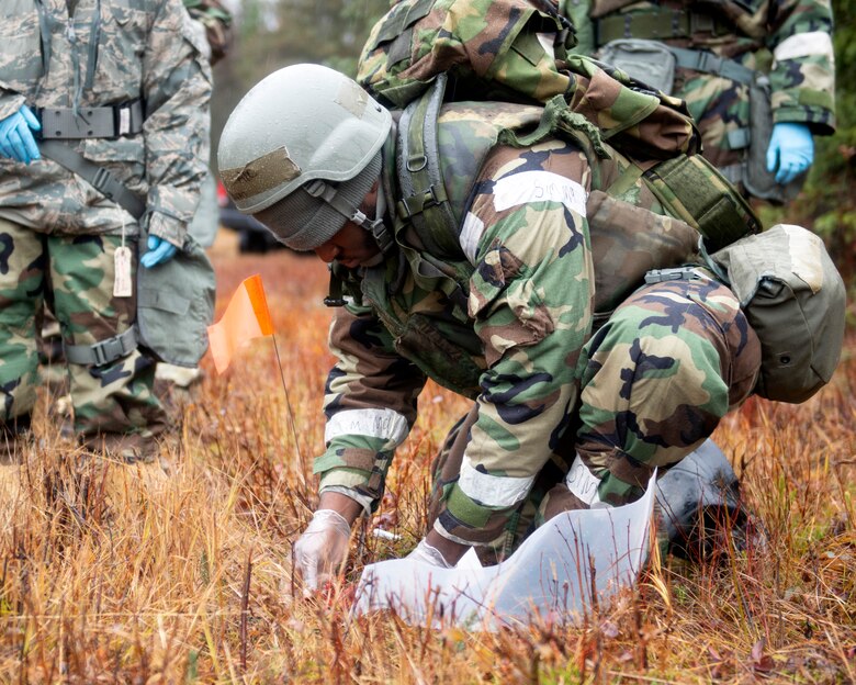 A U.S. Airman assigned to the 673d Air Base Wing marks a find during a search and recovery exercise during Polar Force 20-1 at Joint Base Elmendorf-Richardson, Alaska, Oct. 9, 2019. Designed to test JBER’s mission readiness, Polar Force 20-1 is a two-week exercise that hones Airmen’s skills and experience when facing adverse situations. Airmen refined their contingency tactics, techniques and procedures in support of the Pacific Air Force’s Agile Combat Employment concept of operations. Agile Combat Support excellence yields multi-domain operations success.
