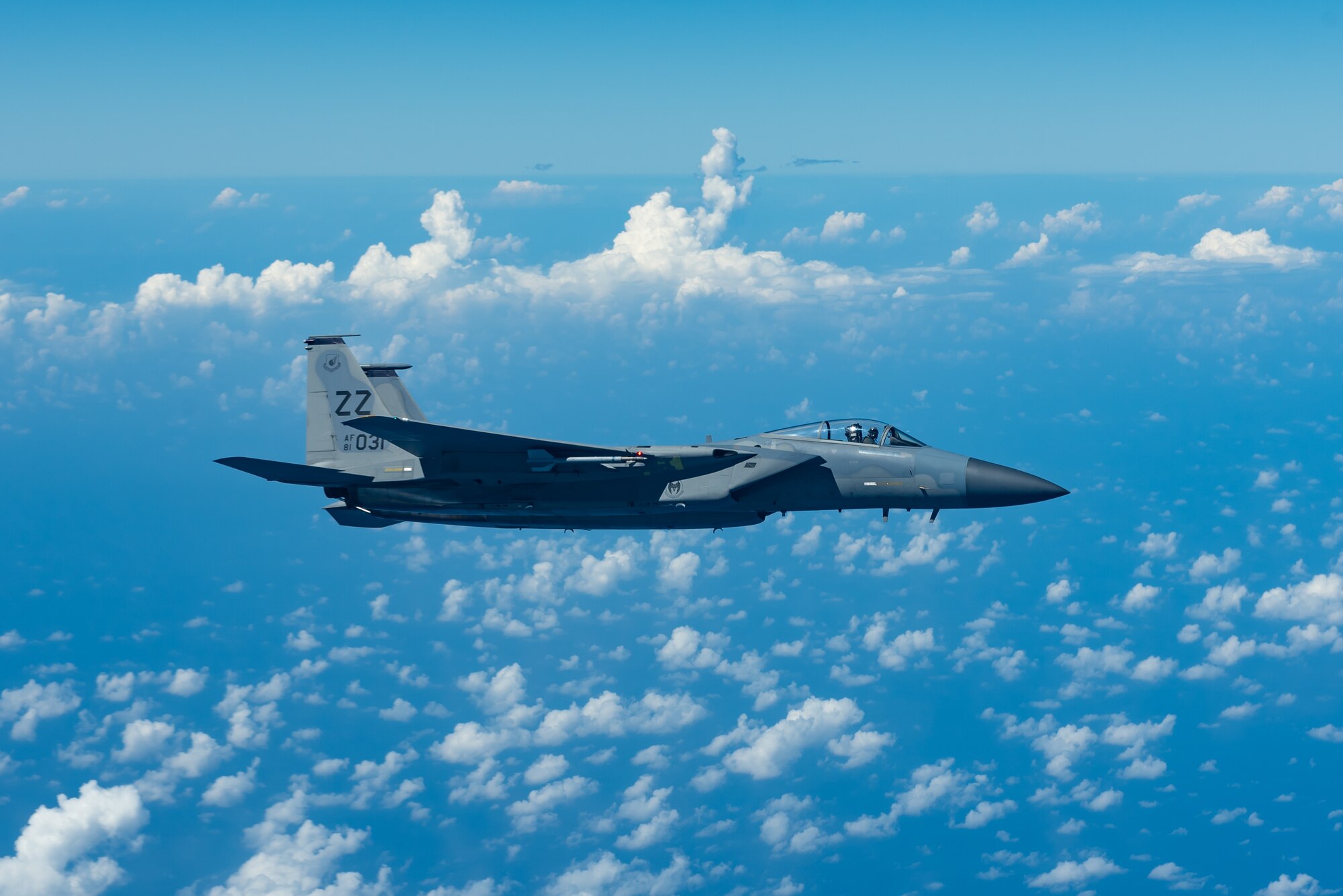 An F-15C Eagle from the 44th Fighter Squadron flies during a training exercise Oct. 3, 2019, out of Kadena Air Base, Japan. The 44th FS at Kadena AB plays a unique role in securing peace and stability in a free-and-open Indo-Pacific. (U.S. Air Force photo by Senior Airman Matthew Seefeldt)