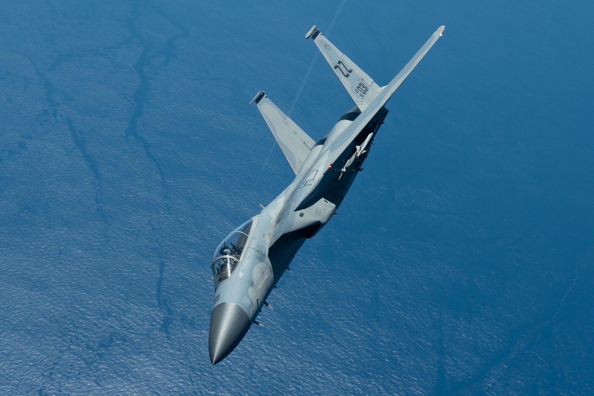 An F-15C Eagle from the 44th Fighter Squadron flies during a training exercise Oct. 3, 2019, out of Kadena Air Base, Japan. The 44th FS at Kadena AB plays a unique role in securing peace and stability in a free-and-open Indo-Pacific. (U.S. Air Force photo by Senior Airman Matthew Seefeldt)