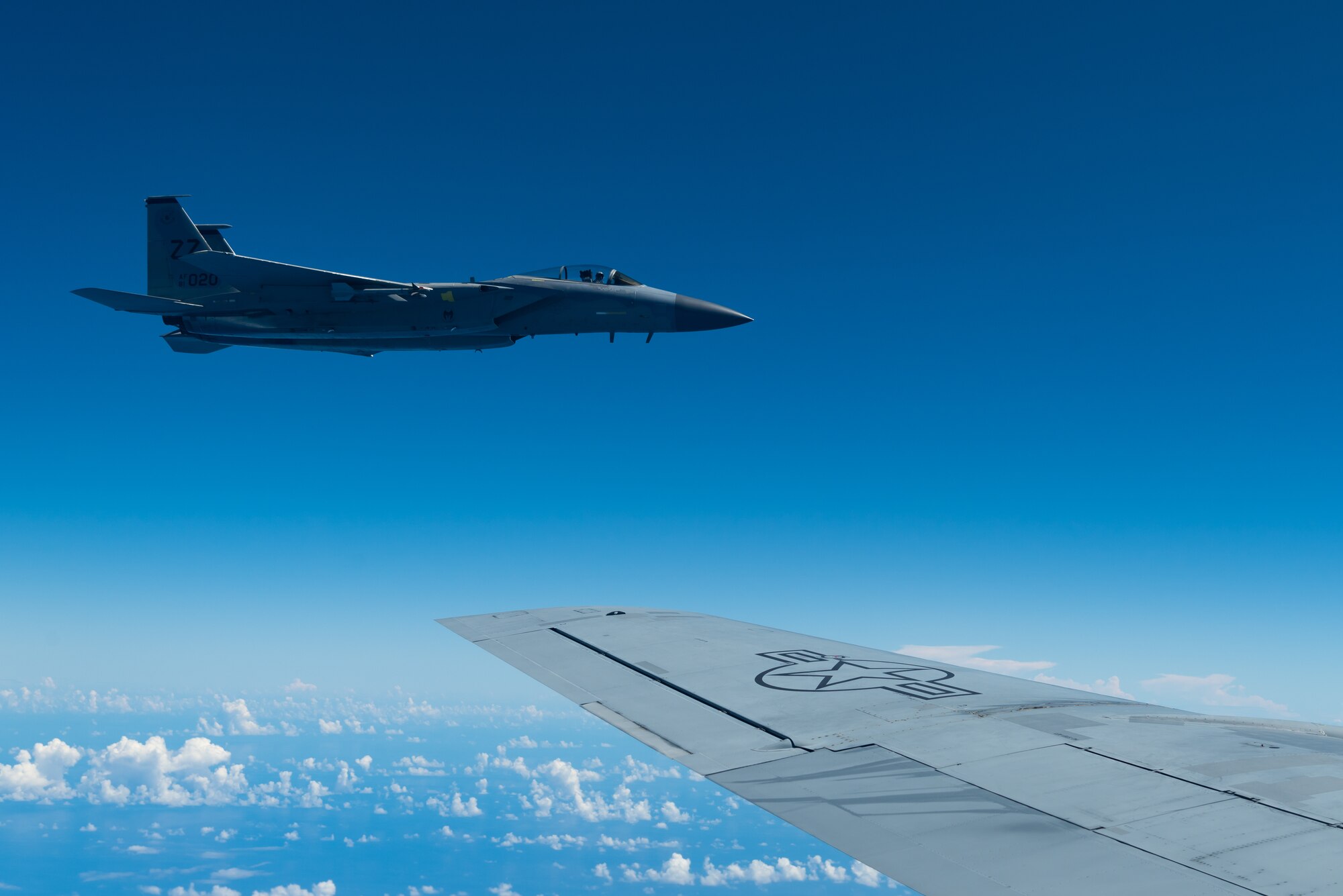 An F-15C Eagle from the 44th Fighter Squadron flies during a training exercise Oct. 3, 2019, out of Kadena Air Base, Japan. One of the Eagle’s most important assets is the pulse-Doppler radar system, which enables pilots to look up at high-flying targets and down at low-flying targets without being confused by ground clutter as well as track targets that are beyond visual range. (U.S. Air Force photo by Senior Airman Cynthia Belío)