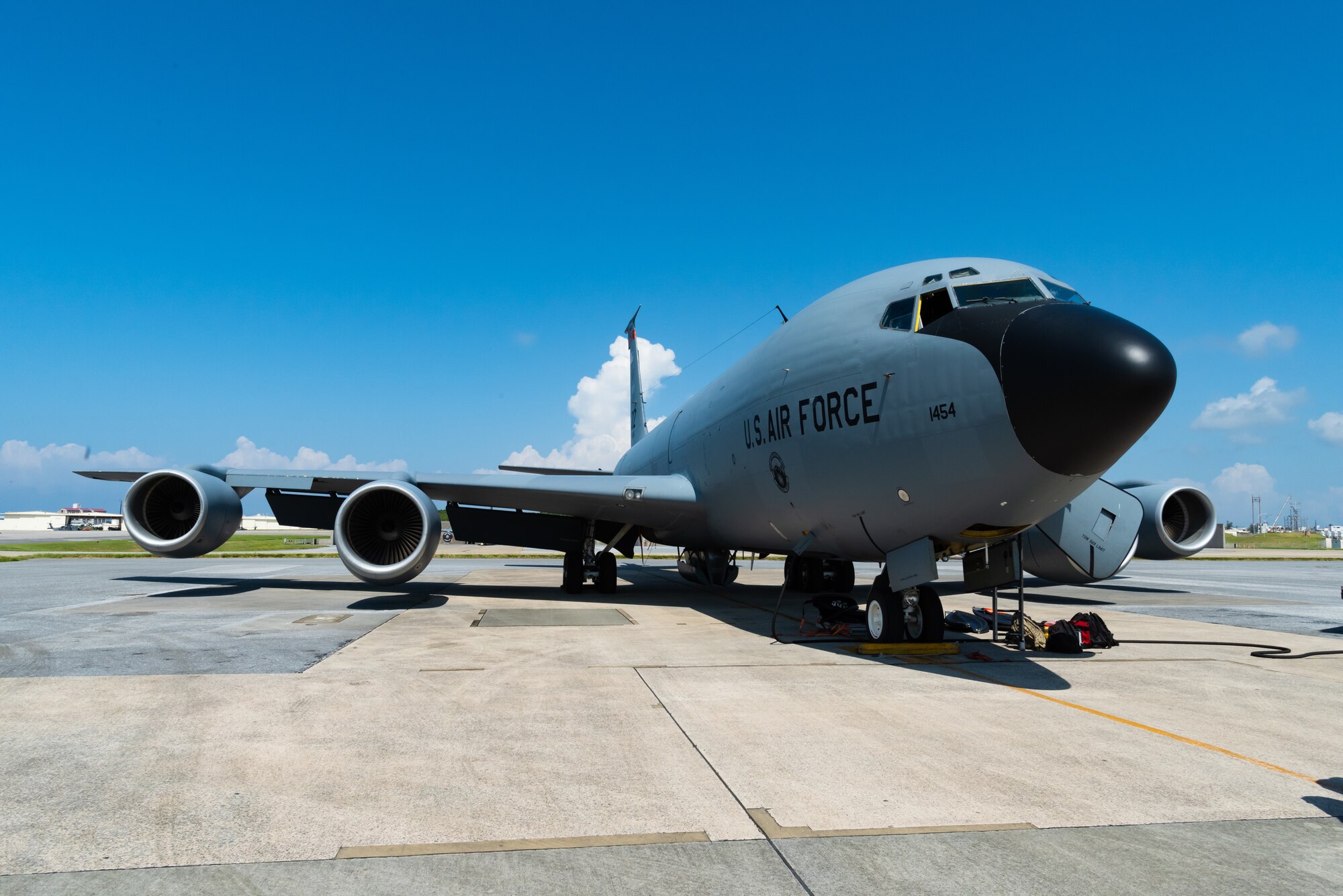 A KC-135 Stratotanker sits on the flight line Oct. 3, 2019, at Kadena Air Base, Japan. Boom operators on a KC-135 have the ability to pump thousands of pounds of fuel to any capable aircraft, thousands of feet above the ground, flying at 230 miles per hour, while only 47 feet from the receiving aircraft. (U.S. Air Force photo by Senior Airman Cynthia Belío)