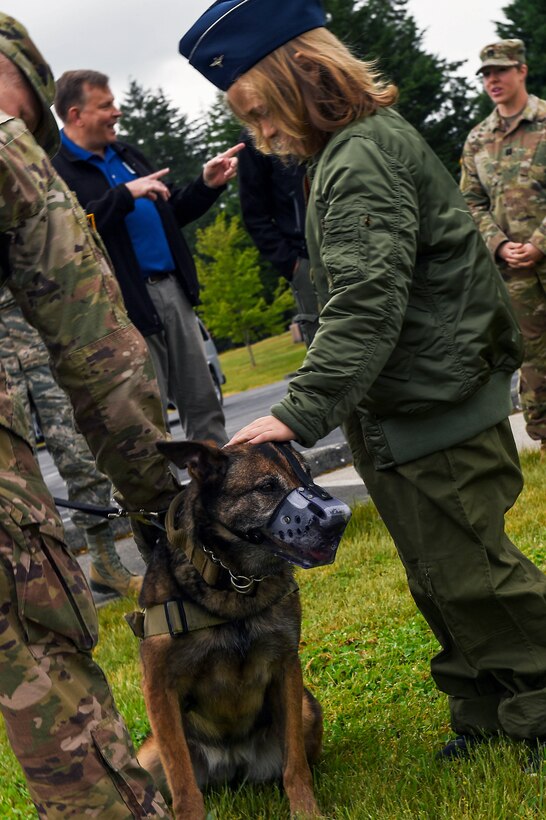 Declan Gaskill, Joint Base Lewis-McChord (JBLM) Pilot for a Day (PFAD) participant, right, meets a military working dog on JBLM, Wash., May 21, 2019. In addition to a military working dog demonstration, Declan’s PFAD day itinerary also included train station, fire department, and air traffic control tower tours and a try in a C-17 flight simulator.