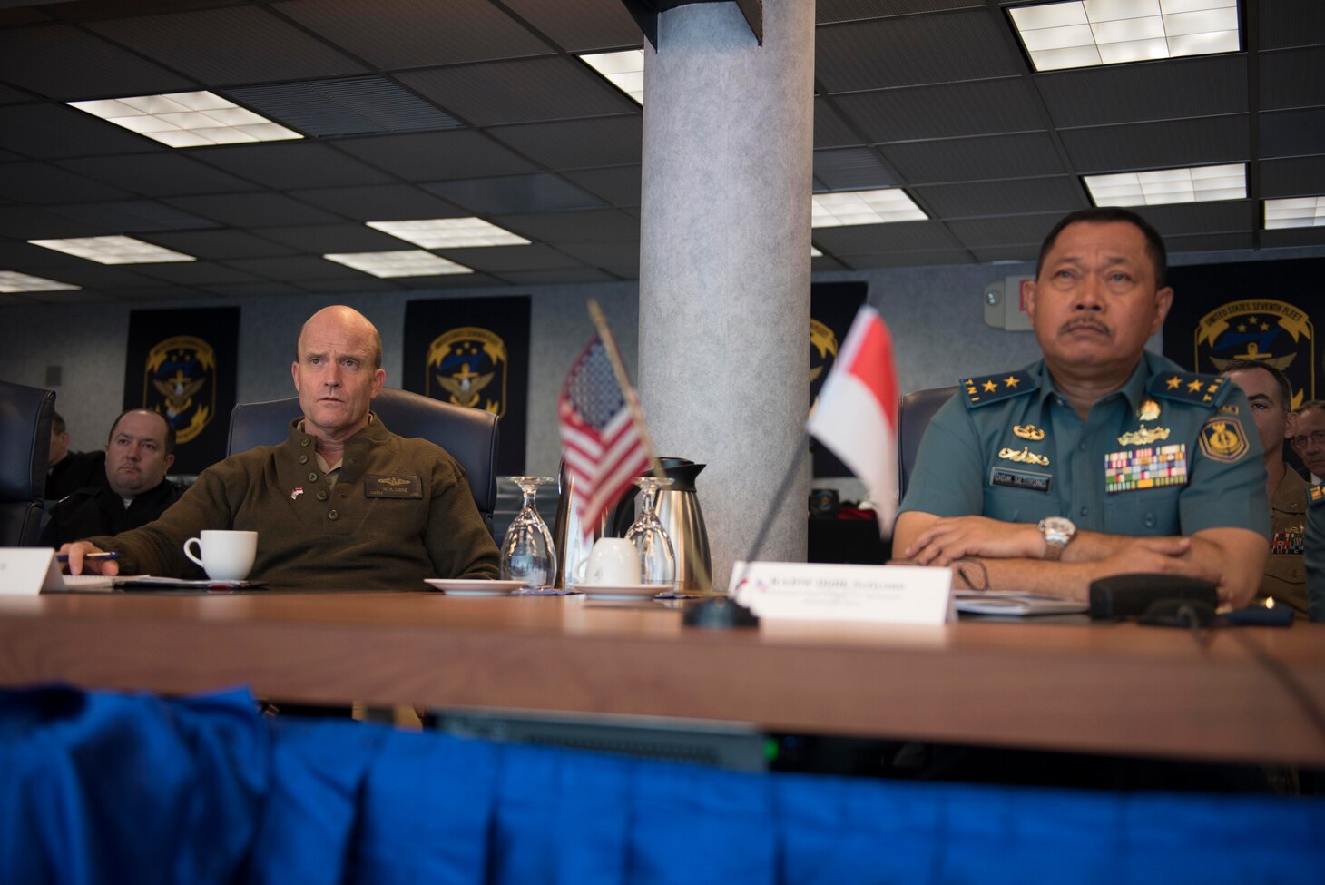 Vice Adm. Bill Merz, commander, U.S. 7th Fleet, and Rear Adm. Didik Setiyono, Assistant Chief of Navy Indonesian Navy, is briefed during staff talks aboard the U.S. 7th Fleet flagship, USS Blue Ridge (LCC 19) October 11, 2019. The Indonesian Navy’s visit to U.S. 7th Fleet headquarters is highlighted by this year’s marking of the 70th anniversary of diplomatic ties between the United States and Indonesia.