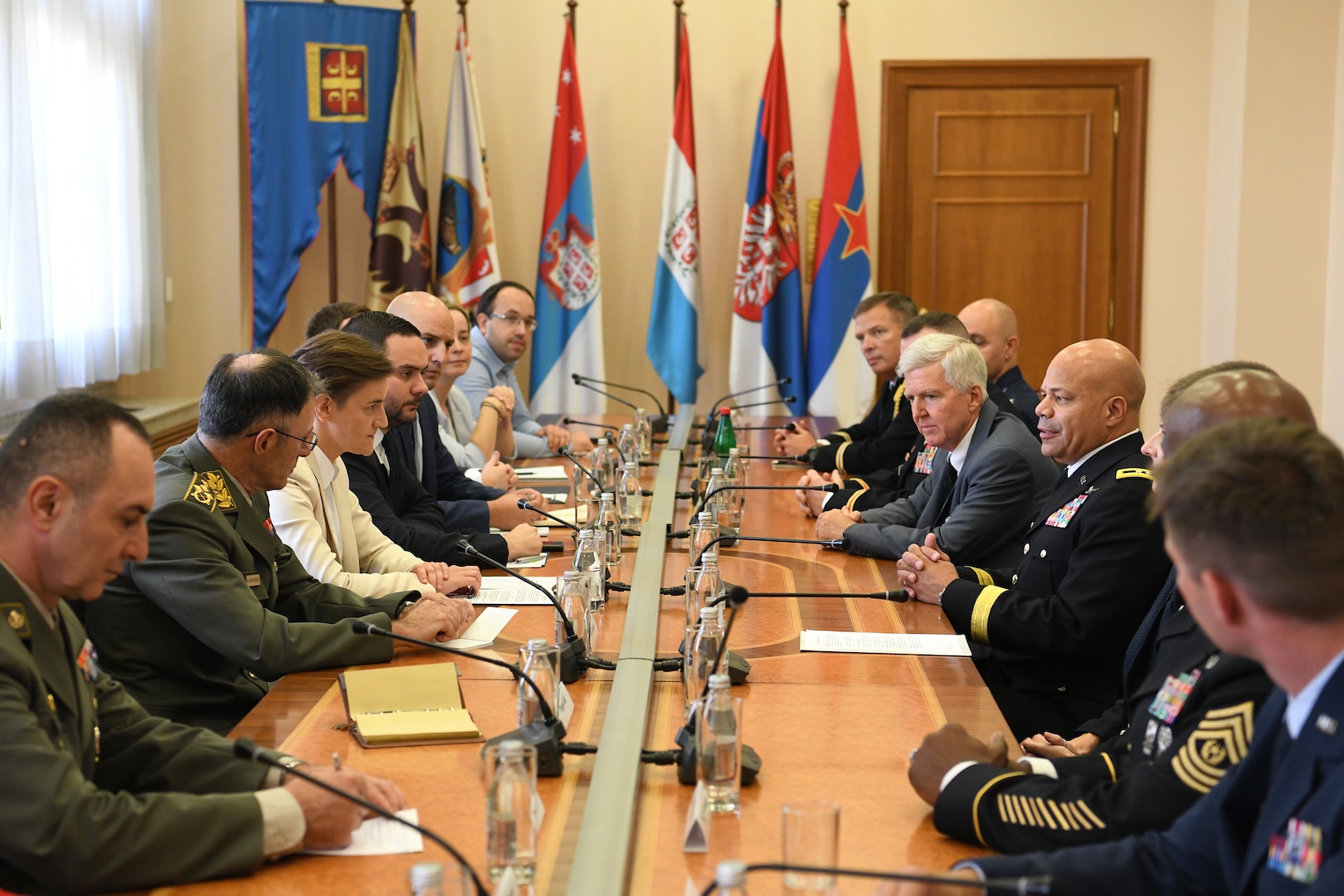 Maj. Gen. John C. Harris Jr. (right), Ohio adjutant general, meets with Serbian Prime Minister Ana Brnabić Sept. 11, 2019, in Belgrade, Serbia. Harris and Brnabić discussed the growing Ohio-Serbia partnership through military-to-military and civil-to-civil exchanges as part of the Department of Defense State Partnership Program.