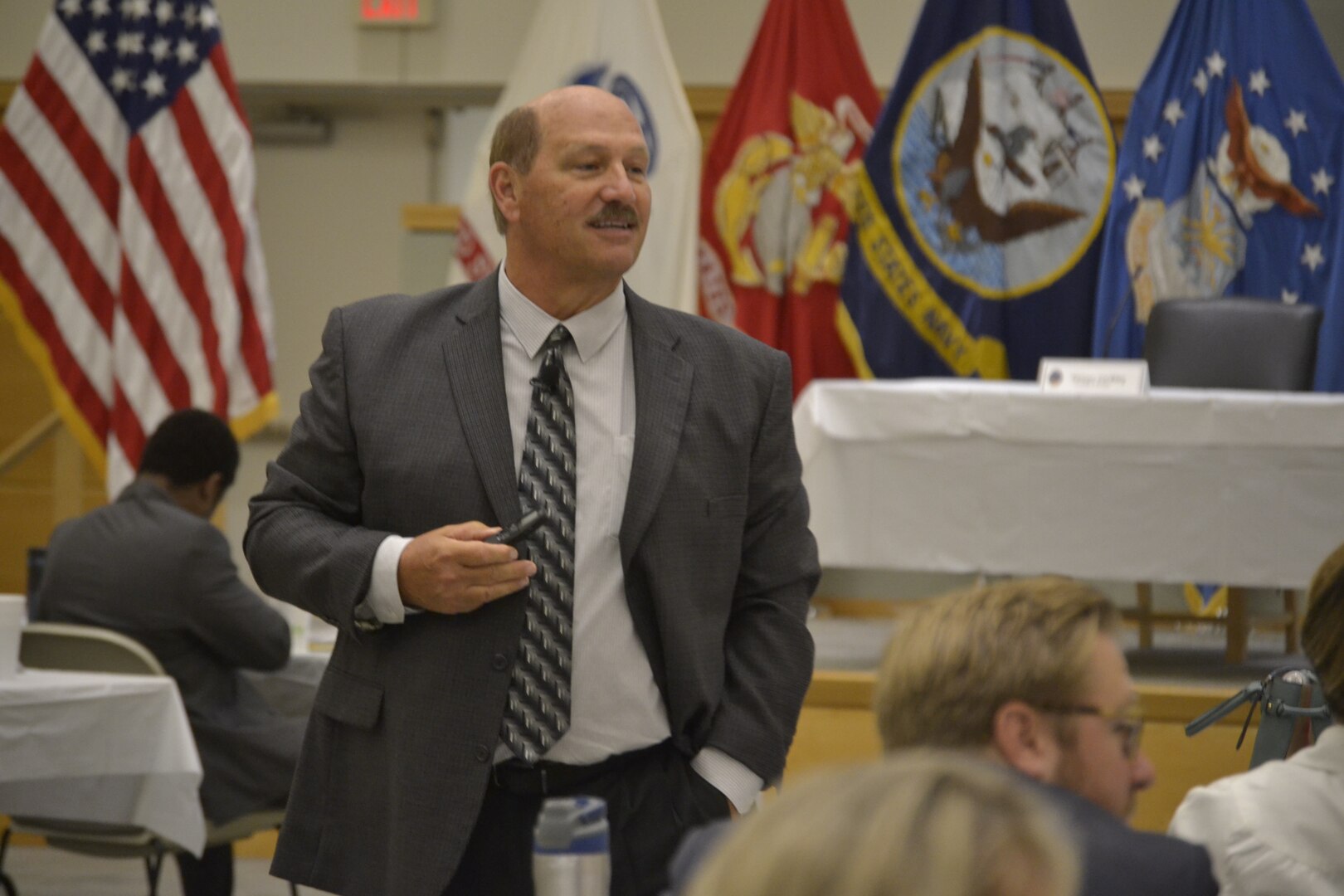 Ray Miller, former DLA Troop Support Subsistence supply chain deputy director and keynote speaker for Troop Support Leadership Academy Oct. 8, 2019, in Philadelphia, speaks to employees with leadership aspirations.