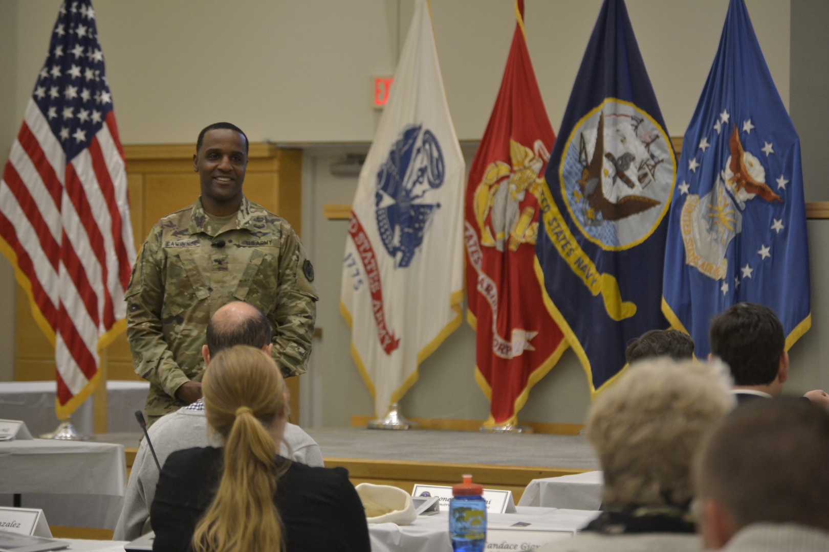 DLA Troop Support Commander Army Brig. Gen. Gavin Lawrence exchanges comments with employees after a three-day Troop Support Leadership Academy program Oct. 10, 2019, in Philadelphia.