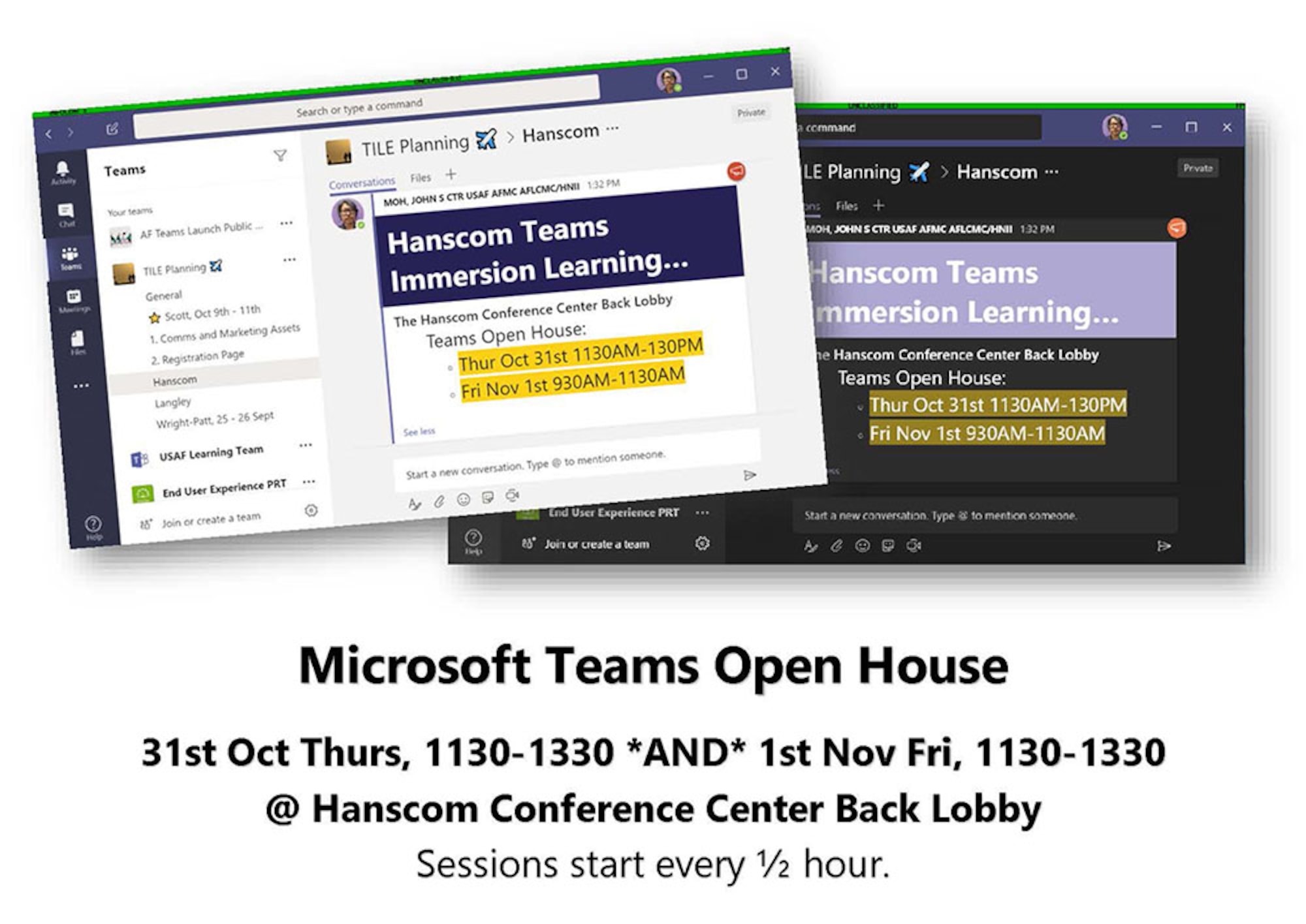 Flyer describing upcoming learning sessions about Microsoft Teams collaboration tool Oct. 31, 11:30 a.m. to 1:30 p.m. and Nov. 1, 9:30 a.m. to 11:30 a.m. at the Hanscom Air Force Base, Mass., Conference Center.