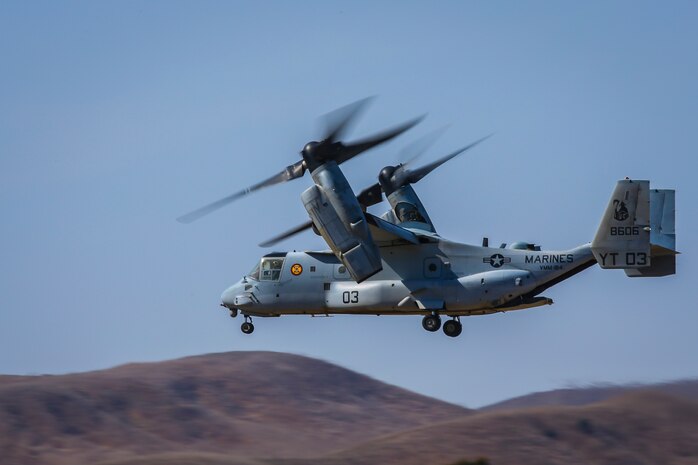 An MV-22B Osprey takes off from Marine Corps Air Station Camp Pendleton, California, Oct. 10, 2019. The air station operates and maintains a secure airfield in order to support I Marine Expeditionary Force, Marine Corps Base Camp Pendleton tenant commands and visiting units to enhance their mission capabilities and combat readiness.
