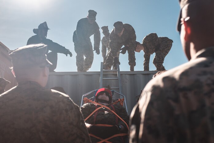 U.S. service members with Task Force San Francisco participate in an urban search and rescue exercise hosted by the San Francisco Fire Department at the SFFD Training Center on Oct. 8, 2019. San Francisco Fleet Week is an opportunity for the Marine Corps to learn more about emergency response needs and to share their crisis response skills with civil authorities to enhance their emergency response capabilities.