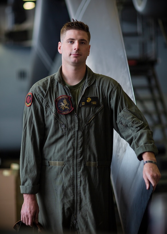 Sgt. Kyle W. Lynch, a tiltrotor mechanic with Marine Medium Tiltrotor Squadron 266, 2nd Marine Aircraft Wing, poses for a photo at Marine Corps Air Station New River, N.C., Oct. 10, 2019. "Dont talk about it; be about it," said Lynch, an Isabel, Kan., native. Lynch completed a seven-day fuel cell installation in 2.5 days with minimal Marines, allowing the aircraft to fly out early for an exercise.  (U.S. Marine Corps photo by Cpl. Ethan Pumphret)