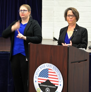 Kendra Duckworth Shock, disability program manager with the Air Force Equal Opportunity Policy Office, speaks about the opportunities those with disabilities have with the Air Force and Department of Defense at the JBSA San Antonio National Disability Employment Awareness Month seminar at the Joint Base San Antonio-Fort Sam Houston Military & Family Readiness Center Oct. 8.