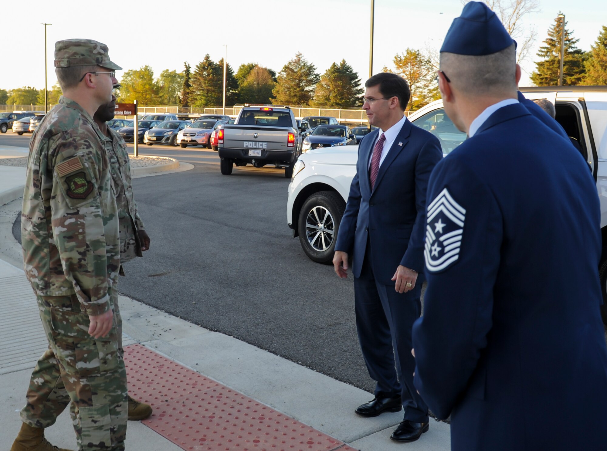 Col. Parker Wright, National Air and Space Intelligence Center commander greets Secretary of Defense Dr. Mark T. Esper as he arrives at one of NASIC’s facilities at Wright-Patterson Air Force Base, Ohio on Oct. 4, 2019. This was Esper’s first time visiting NASIC and WPAFB since taking office.