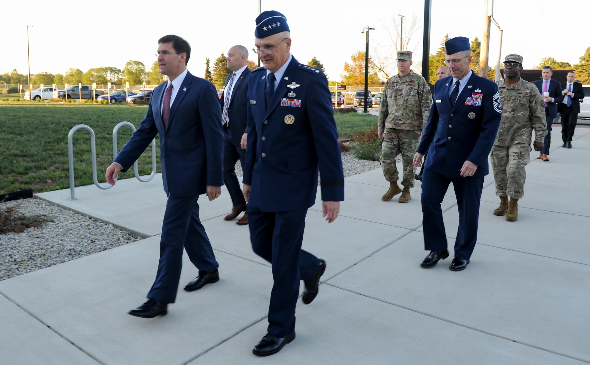 Air Force Materiel Command and National Air and Space Intelligence Center leadership escort Secretary of Defense Dr. Mark T. Esper to one of NASIC’s buildings during his Oct. 4 visit here. Esper ended his visit with a town hall where Airmen could ask the Secretary questions about current and future U.S. Department of Defense goals.