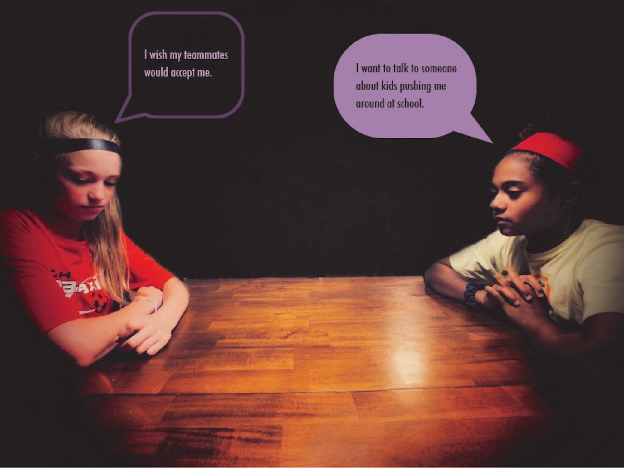 Savannah, on left, thinking “I wish my teammates would accept me.” Sophie, on right, thinking, “I want to talk to someone about kids pushing me around at school.” October is National Bullying Prevention Month. The theme for this year is “Stomp out Bullying.” (U.S. Air Force graphic illustration/Michael McGowan, Jr.)