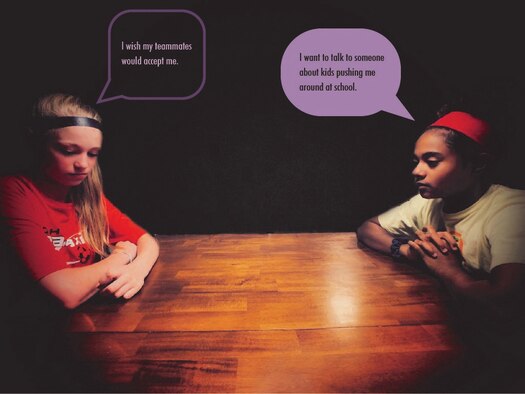 Savannah, on left, thinking “I wish my teammates would accept me.” Sophie, on right, thinking, “I want to talk to someone about kids pushing me around at school.” October is National Bullying Prevention Month. The theme for this year is “Stomp out Bullying.” (U.S. Air Force graphic illustration/Michael McGowan, Jr.)