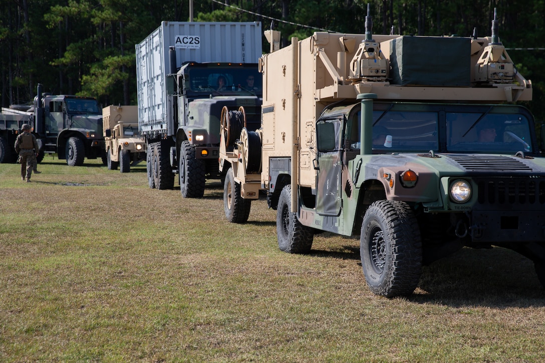 Marines assigned to Marine Air Control Squadron 2 participate in a convoy during Exercise Pegasus Flight at Marine Corps Air Station Cherry Point, North Carolina, Oct. 2, 2019. MACS-2 supported Pegasus Flight by providing air surveillance, airspace management, identifying and classifying radar tracks as the tactical air operations center for the exercise. MACS-2 is a part of Marine Air Control Group 28, 2nd Marine Aircraft Wing. (U.S. Marine Corps photo by Pfc. Steven M. Walls)
