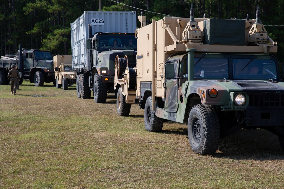 Marines assigned to Marine Air Control Squadron 2 participate in a convoy during Exercise Pegasus Flight at Marine Corps Air Station Cherry Point, North Carolina, Oct. 2, 2019. MACS-2 supported Pegasus Flight by providing air surveillance, airspace management, identifying and classifying radar tracks as the tactical air operations center for the exercise. MACS-2 is a part of Marine Air Control Group 28, 2nd Marine Aircraft Wing. (U.S. Marine Corps photo by Pfc. Steven M. Walls)