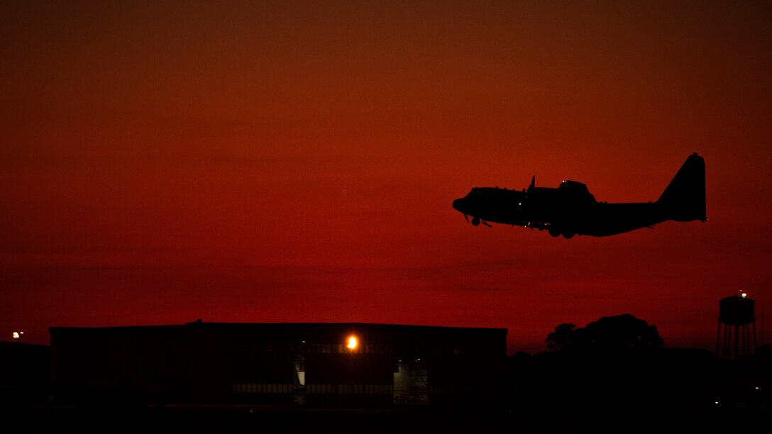 An AC-130J Ghostrider gunship takes off
