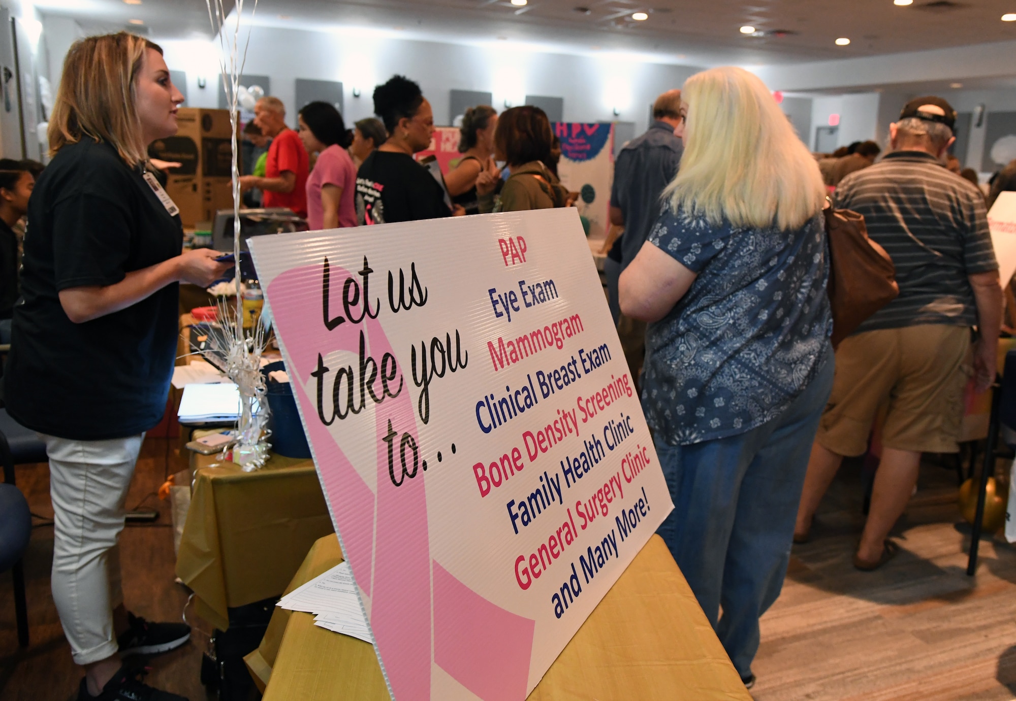 Keesler personnel attend the 81st Medical Group Health Expo inside the Keesler Medical Center at Keesler Air Force Base, Mississippi, Oct. 4, 2019. The 81st MDG hosted the walk-in event which included screenings for multiple types of cancer and chronic diseases in honor of Breast Cancer Awareness Month. (U.S. Air Force photo by Kemberly Groue)