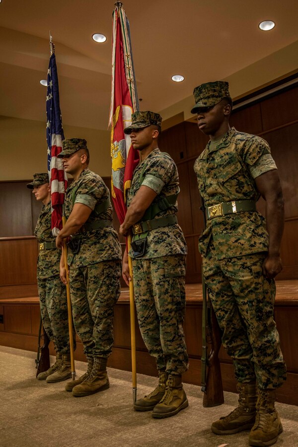 The Marine Forces Reserve color guard take part of the Navy’s 244th birthday ceremony at Marine Corps Support Facility New Orleans, Oct. 11, 2019. MARFORRES has a total of 1,554 U.S. Navy Sailors across 160 Home Training Centers supporting the mission to keep our honor clean as a Reserve force that’s ready to fight and win our nation’s battles. (U.S. Marine Corps photo by Pfc. Leslie Alcaraz)