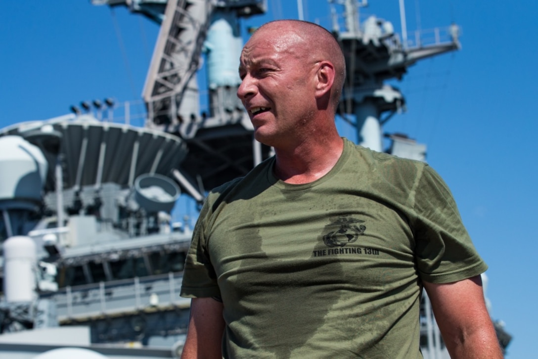 U.S. Marine Corps Sgt. Maj. Stuart D. Glass, the sergeant major of Special Purpose Marine Air-Ground Task Force- WASP, participates in a physical training session aboard the USS Wasp (LHD 1), at Naval Base San Diego, Sept. 24, 2019.