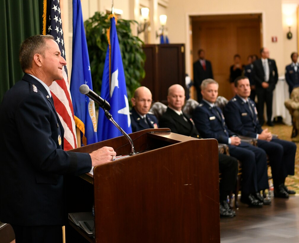 Air Force Chief of Staff Gen. David L. Goldfein provides opening remarks for the Sixteenth Air Force Assumption of Command at Joint Base San Antonio-Lackland, Texas, Oct. 11, 2019. Twenty-Fourth and Twenty-Fifth Air Forces were inactivated during the ceremony to integrate into the new information warfare Numbered Air Force. Sixteenth Air Force is responsible for providing IW capabilities to combatant commanders with the speed to match today’s technological environment. (U.S. Air Force photo by Tech. Sgt. R.J. Biermann)