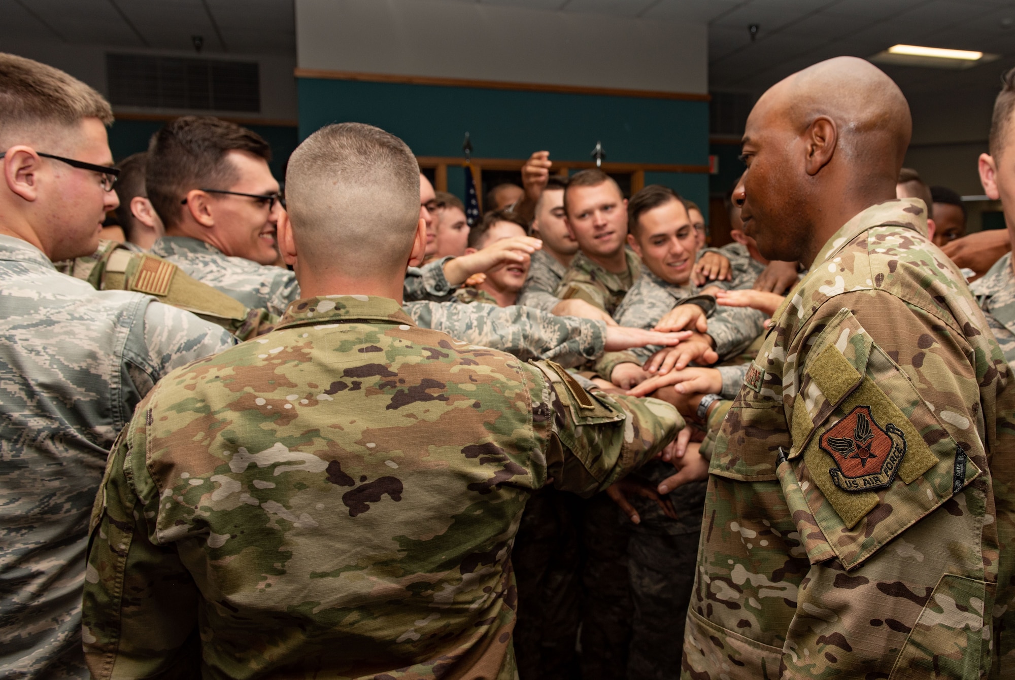 Chief Master Sgt. of the Air Force Kaleth O. Wright visited Airmen stationed at Whiteman Air Force Base, Oct. 7, 2019. Wright visited the Professional Development Center and Honor Guard, and met with Airmen from the 509th Medical Group, Operations Group and Maintenance Group. (U.S. Air Force photo by Senior Airman Thomas Barley)